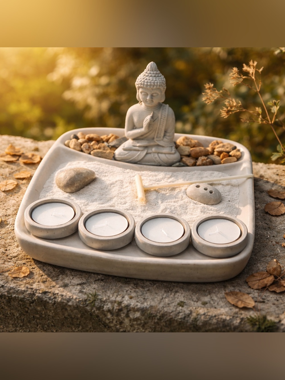 Zen Buddha Sand Garden Tea Light Holder - Neutral Gray